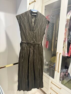 Zara Olive Green Cap Sleeve Button-Front Midi Dress with Waist Tie